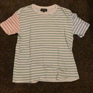 blue, green and tan stripped tee shirt